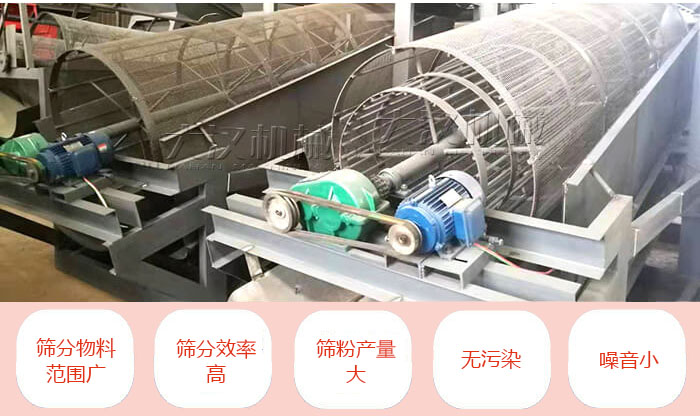 滚筒筛分机主要特点：筛分物料范围广，筛分效率高，筛分产量大，无污染，噪音小。