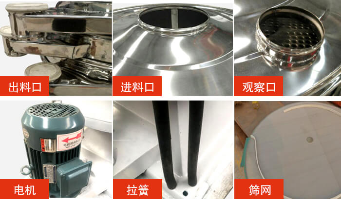 摇摆筛细节展示：出料口，进料口，观察口，电机，拉簧，筛网等。