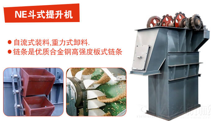 斗式提升机有：板链式，皮带式等多种形式主要依靠料斗完成物料的提升目的。