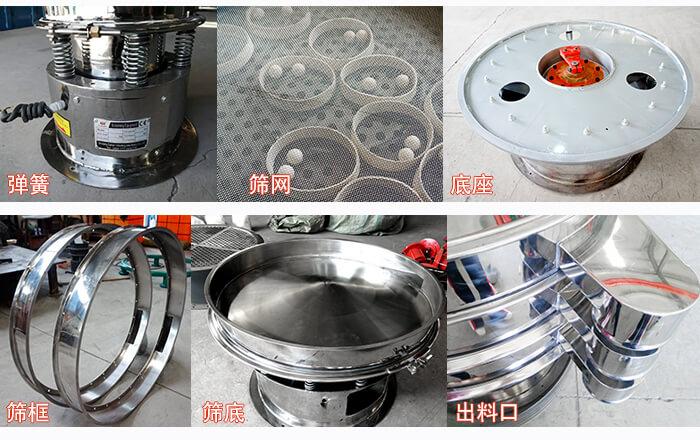 细节展示：筛框，筛网，振动底座，振动体，出料口。