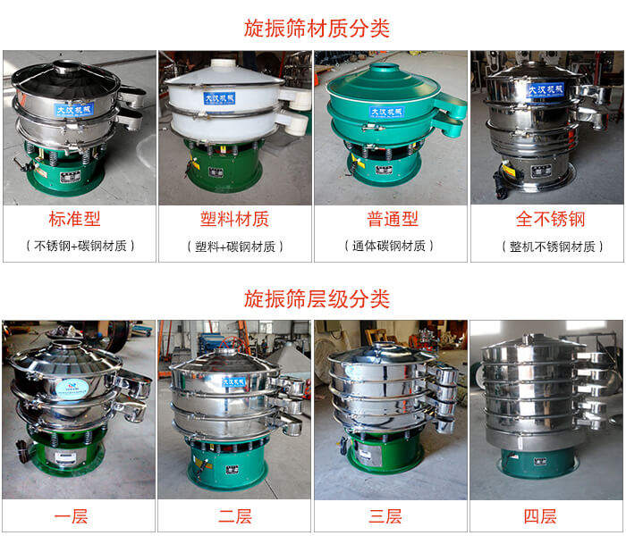 旋振筛材质分类：塑料，全不锈钢等旋振筛层级分类：一层，两层，三层，四层等。